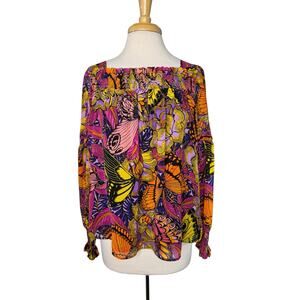 ANTHROPOLOGIE ALEXANDRA FARMER Butterfly Puff Sleeved Blouse Medium Pink Orange